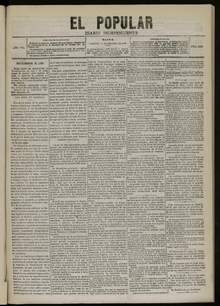 Miniatura de El Popular: diario independiente, político, literario y de noticias de interés general del 11 de febrero de 1876, nº 2008