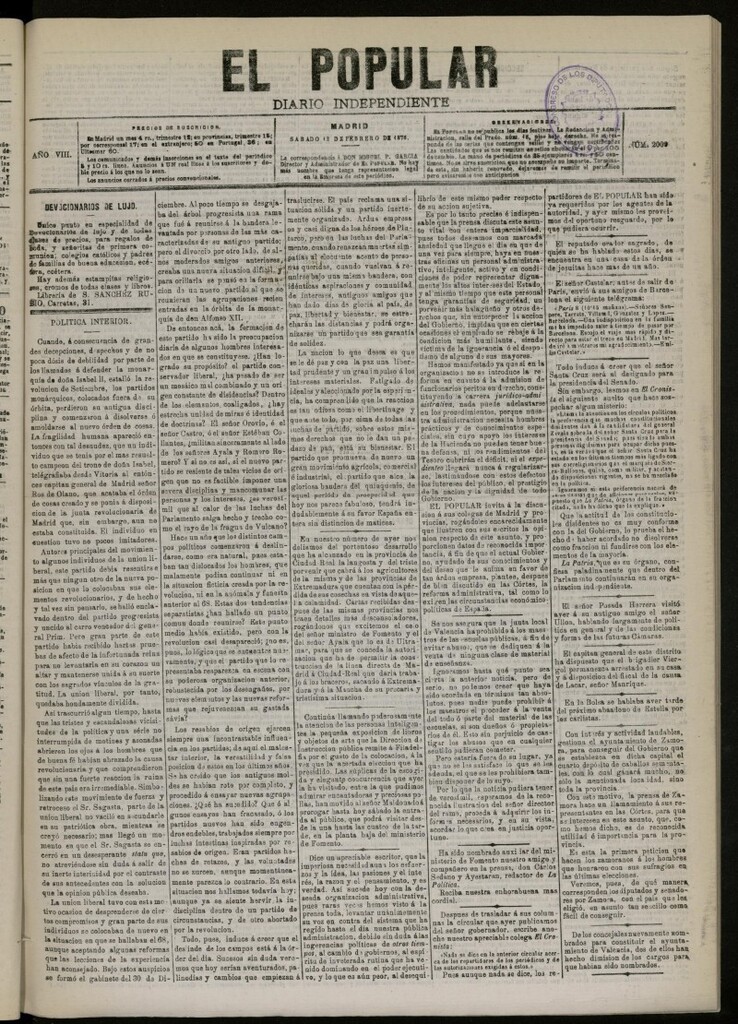 Miniatura de El Popular: diario independiente, político, literario y de noticias de interés general del 12 de febrero de 1876, nº 2009