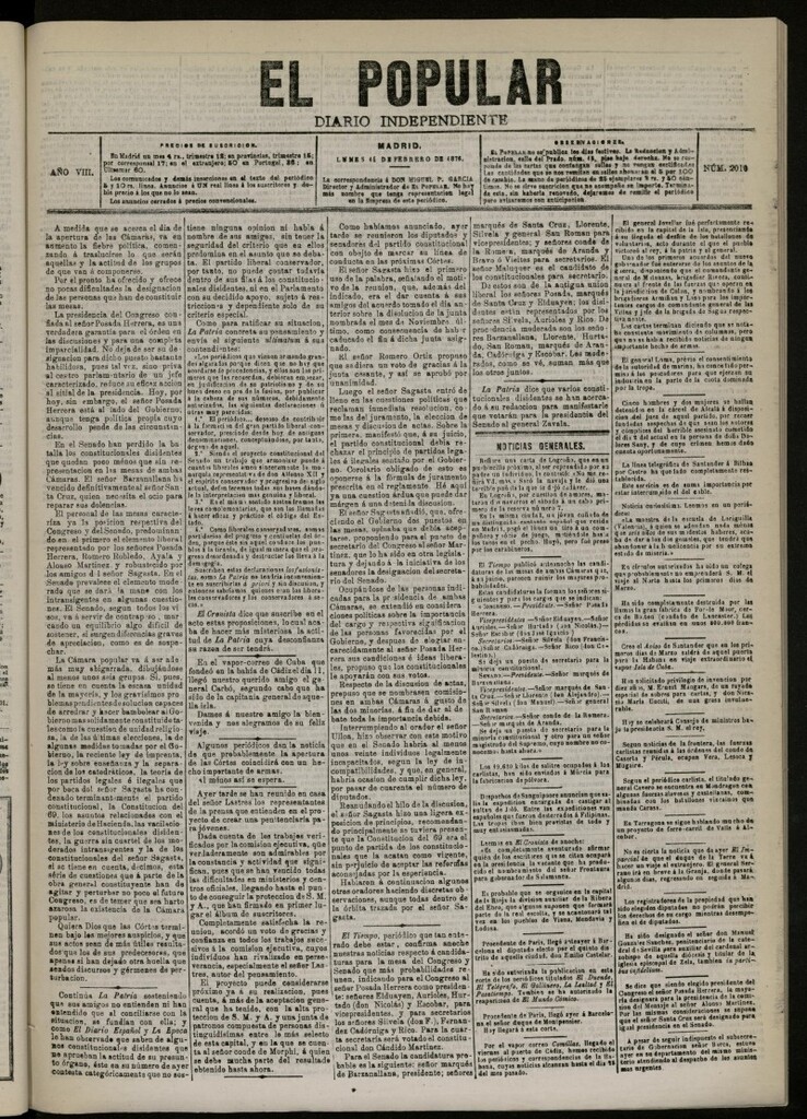 Miniatura de El Popular: diario independiente, político, literario y de noticias de interés general del 14 de febrero de 1876, nº 2010