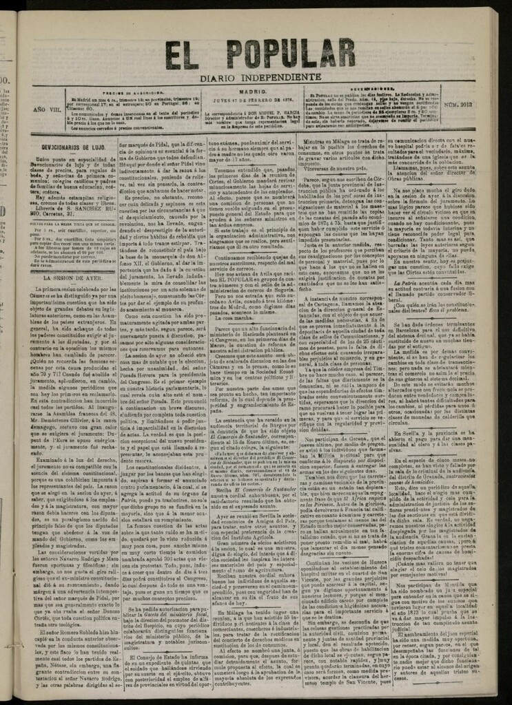 Miniatura de El Popular: diario independiente, político, literario y de noticias de interés general del 17 de febrero de 1876, nº 2013