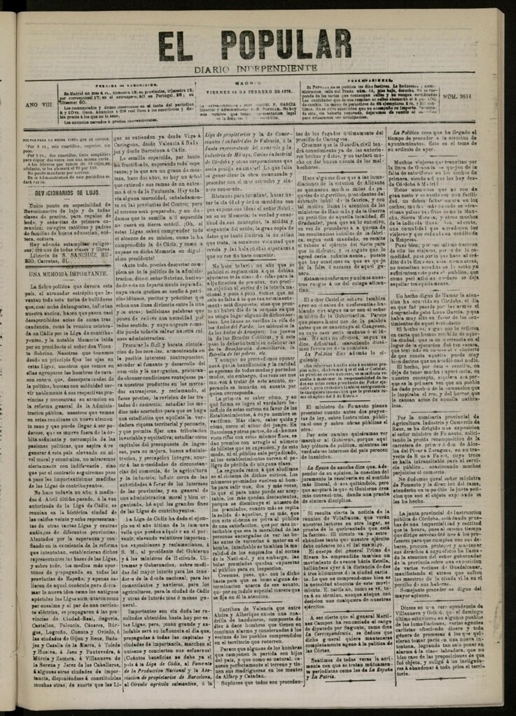 Miniatura de El Popular: diario independiente, político, literario y de noticias de interés general del 18 de febrero de 1876, nº 2014