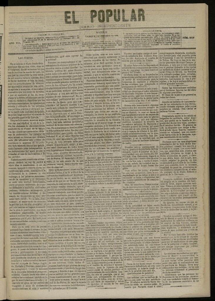 Miniatura de El Popular: diario independiente, político, literario y de noticias de interés general del 21 de febrero de 1876, nº 2016