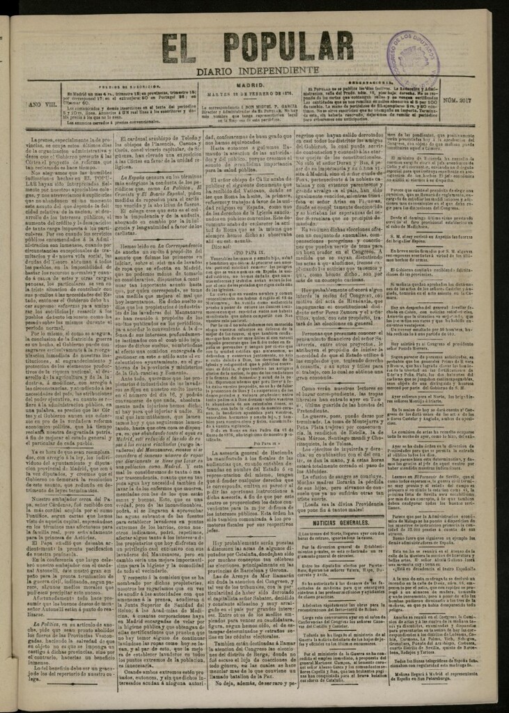 Miniatura de El Popular: diario independiente, político, literario y de noticias de interés general del 22 de febrero de 1876, nº 2017