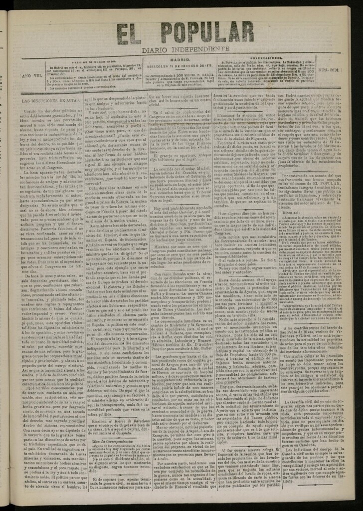 Miniatura de El Popular: diario independiente, político, literario y de noticias de interés general del 23 de febrero de 1876, nº 2018