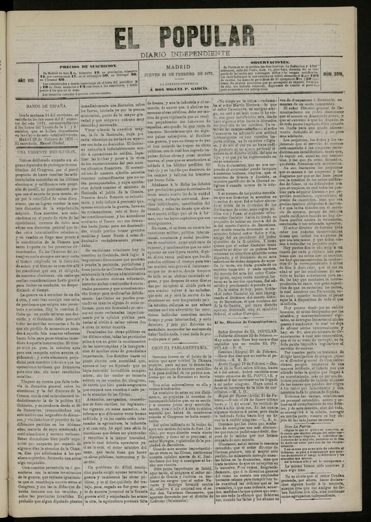 Miniatura de El Popular: diario independiente, político, literario y de noticias de interés general del 24 de febrero de 1876, nº 2019