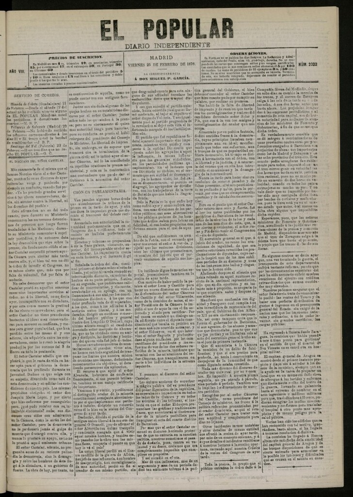 Miniatura de El Popular: diario independiente, político, literario y de noticias de interés general del 25 de febrero de 1876, nº 2020