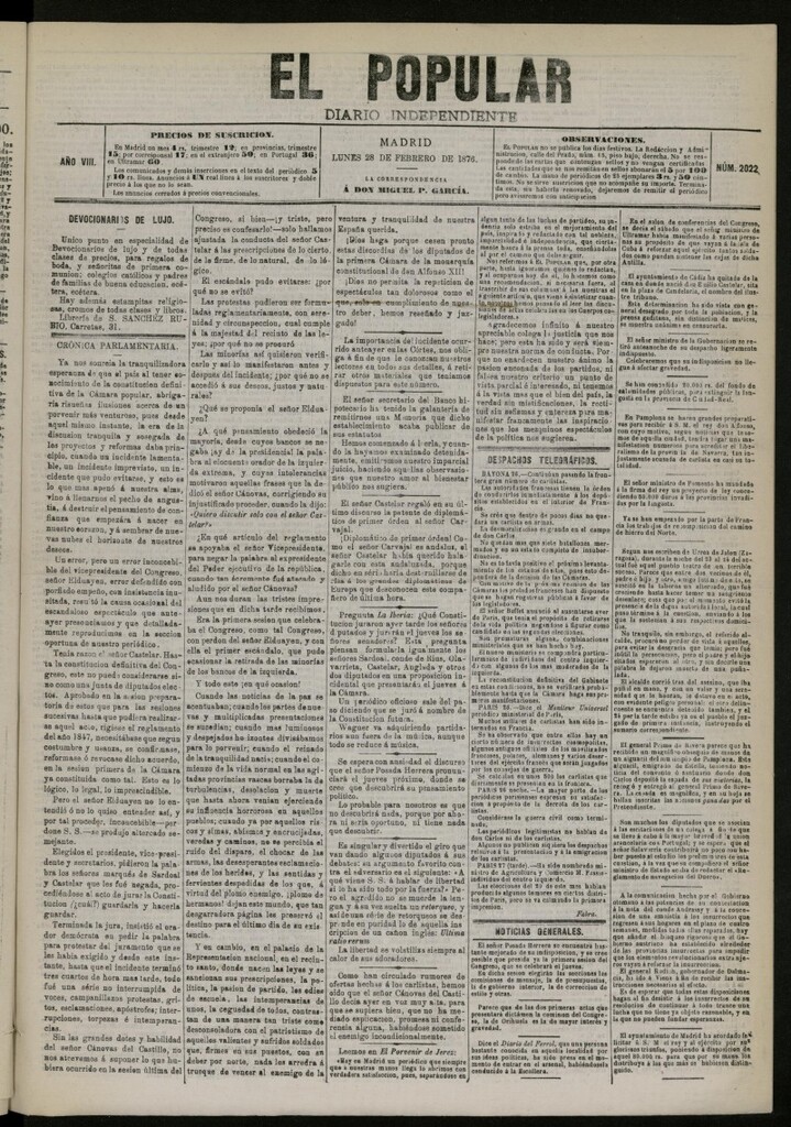 Miniatura de El Popular: diario independiente, político, literario y de noticias de interés general del 28 de febrero de 1876, nº 2022