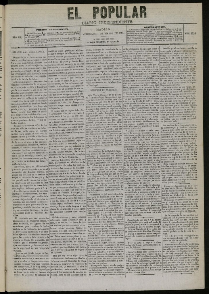 Miniatura de El Popular: diario independiente, político, literario y de noticias de interés general del 1 de marzo de 1876. nº 2023