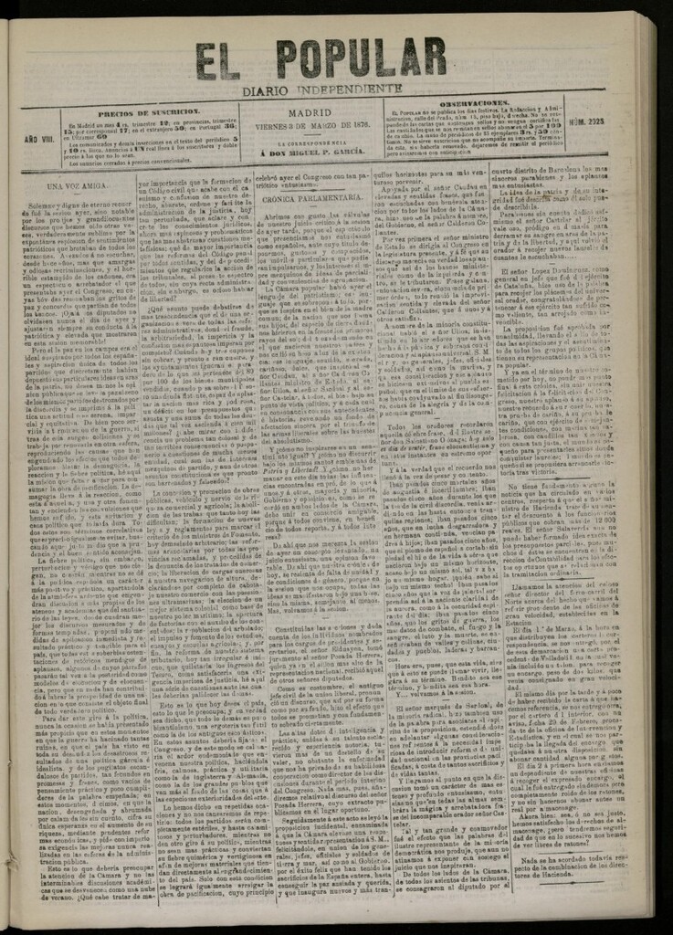 Miniatura de El Popular: diario independiente, político, literario y de noticias de interés general del 3 de marzo de 1876. nº 2025