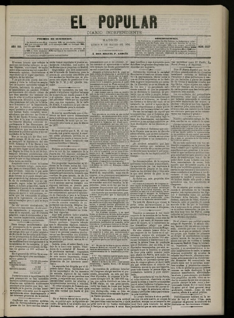 Miniatura de El Popular: diario independiente, político, literario y de noticias de interés general del 6 de marzo de 1876. nº 2027