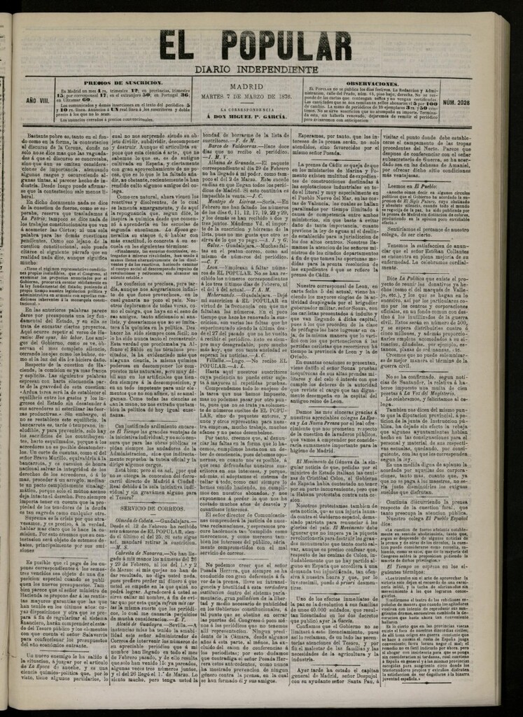 Miniatura de El Popular: diario independiente, político, literario y de noticias de interés general del 7 de marzo de 1876. nº 2028