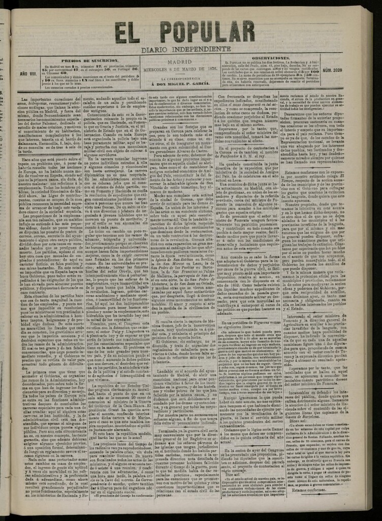 Miniatura de El Popular: diario independiente, político, literario y de noticias de interés general del 8 de marzo de 1876. nº 2029