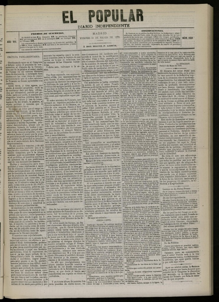 Miniatura de El Popular: diario independiente, político, literario y de noticias de interés general del 10 de marzo de 1876. nº 2031