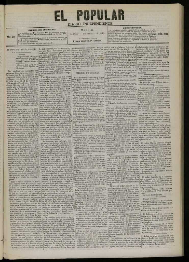 Miniatura de El Popular: diario independiente, político, literario y de noticias de interés general del 11 de marzo de 1876. nº 2032