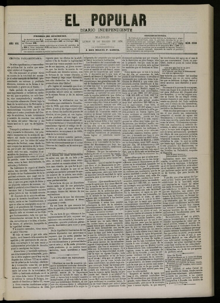 Miniatura de El Popular: diario independiente, político, literario y de noticias de interés general del 13 de marzo de 1876. nº 2033