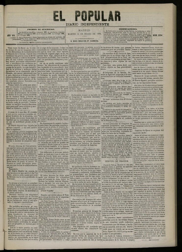 Miniatura de El Popular: diario independiente, político, literario y de noticias de interés general del 14 de marzo de 1876. nº 2034