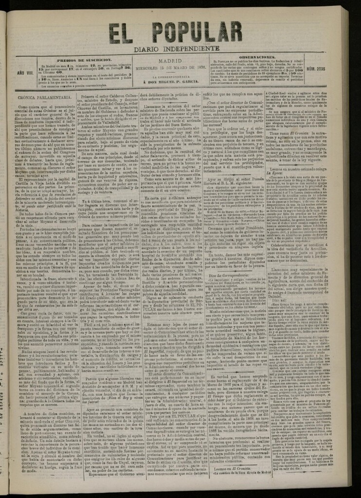 Miniatura de El Popular: diario independiente, político, literario y de noticias de interés general del 15 de marzo de 1876. nº 2035