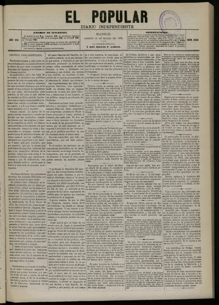 Miniatura de El Popular: diario independiente, político, literario y de noticias de interés general del 18 de marzo de 1876. nº 2038