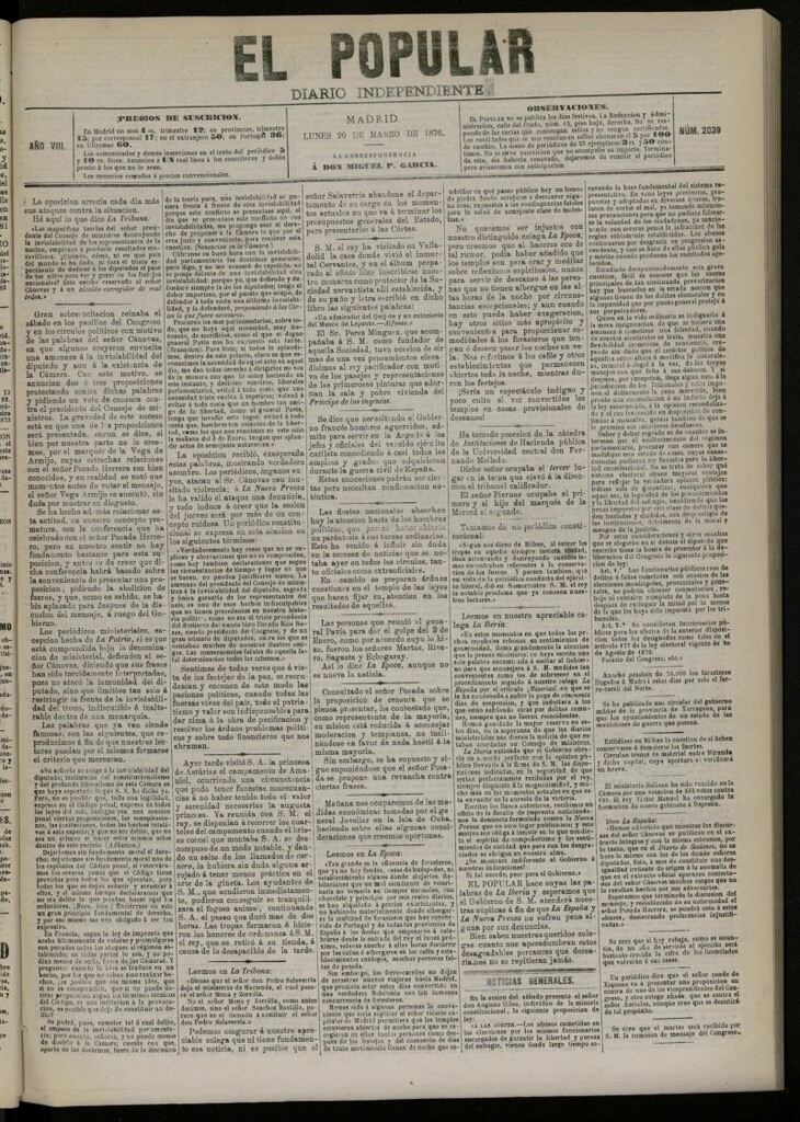 Miniatura de El Popular: diario independiente, político, literario y de noticias de interés general del 20 de marzo de 1876. nº 2039