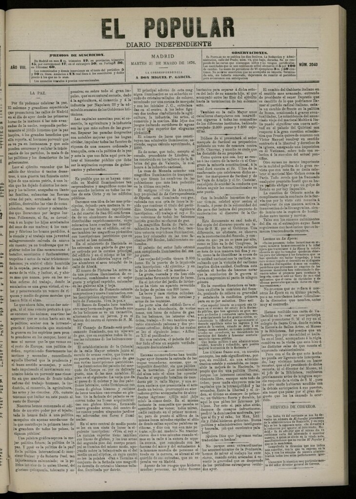 Miniatura de El Popular: diario independiente, político, literario y de noticias de interés general del 21 de marzo de 1876. nº 2040