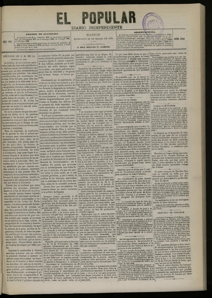 Miniatura de El Popular: diario independiente, político, literario y de noticias de interés general del 22 de marzo de 1876. nº 2041