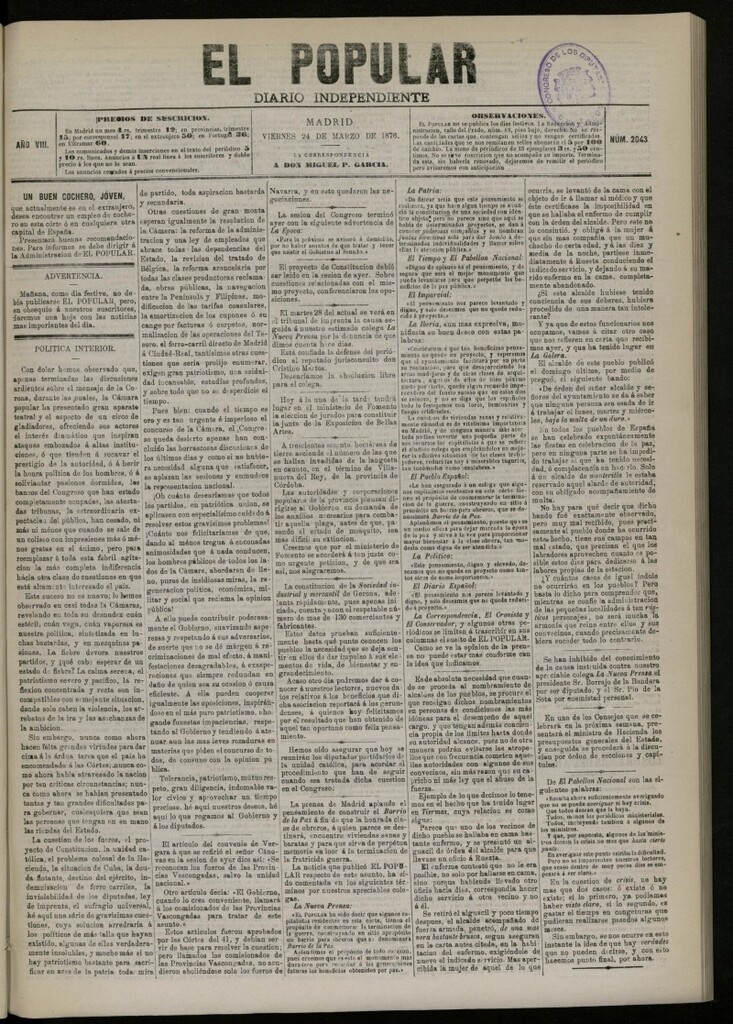Miniatura de El Popular: diario independiente, político, literario y de noticias de interés general del 24 de marzo de 1876. nº 2043