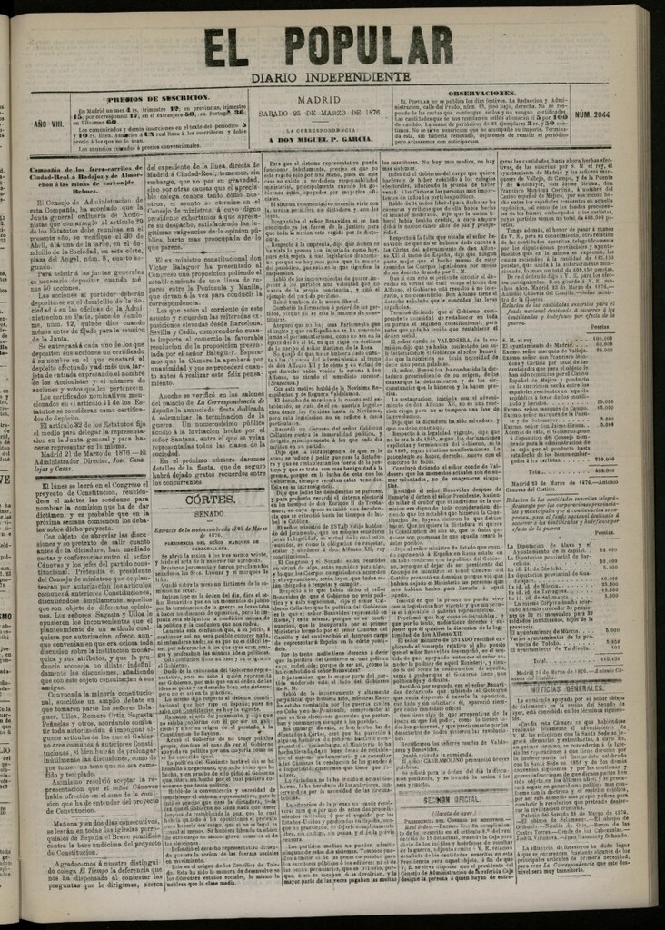 Miniatura de El Popular: diario independiente, político, literario y de noticias de interés general del 25 de marzo de 1876. nº 2044