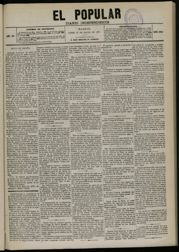 Miniatura de El Popular: diario independiente, político, literario y de noticias de interés general del 27 de marzo de 1876. nº 2045
