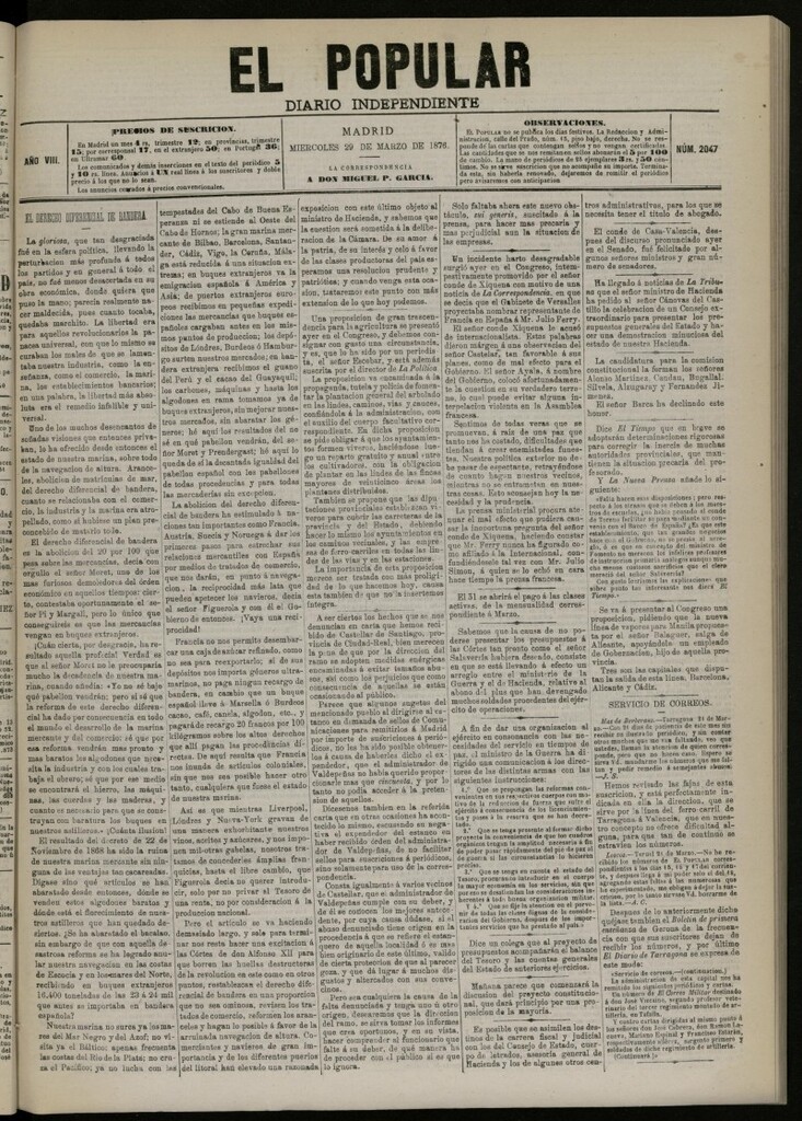 Miniatura de El Popular: diario independiente, político, literario y de noticias de interés general del 29 de marzo de 1876. nº 2047