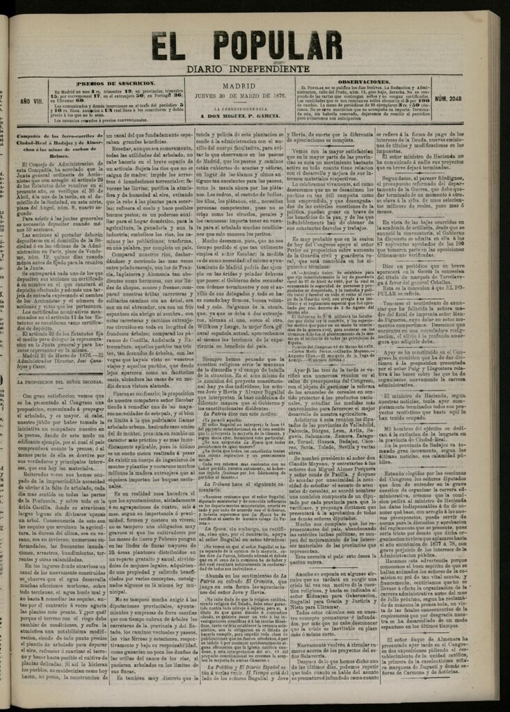 Miniatura de El Popular: diario independiente, político, literario y de noticias de interés general del 30 de marzo de 1876. nº 2048