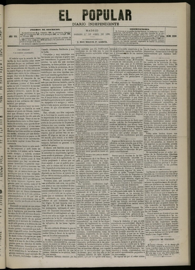 Miniatura de El Popular: diario independiente, político, literario y de noticias de interés general del 1 de abril de 1876. nº 2050