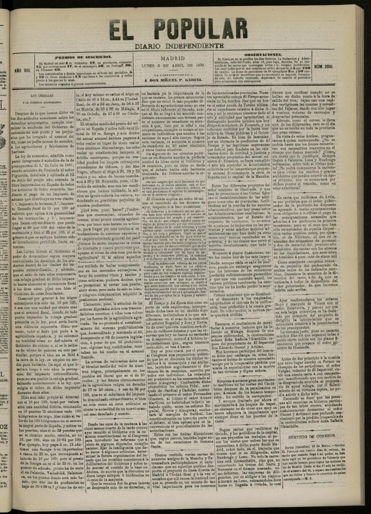Miniatura de El Popular: diario independiente, político, literario y de noticias de interés general del 3 de abril de 1876. nº 2051
