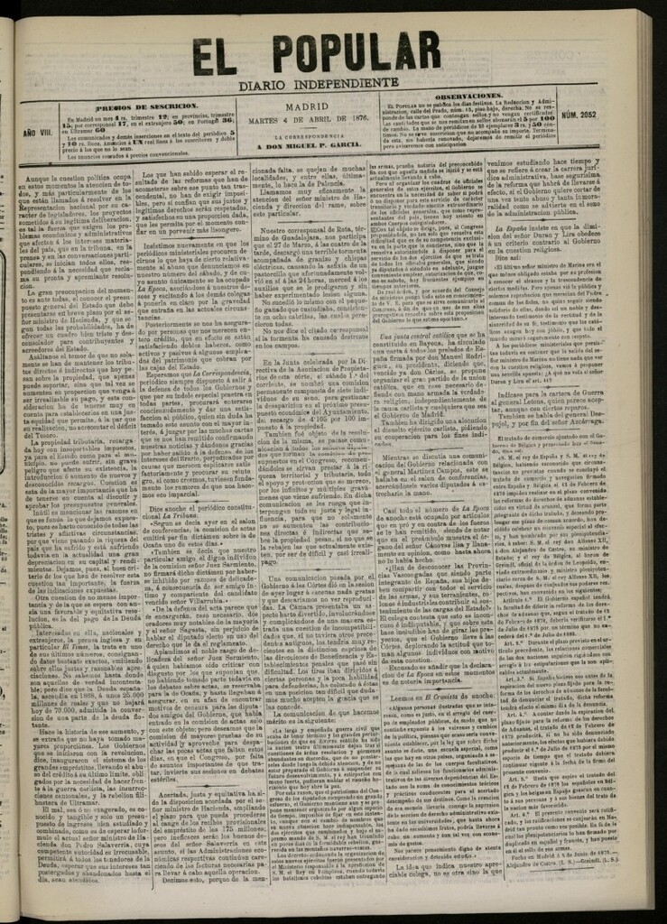 Miniatura de El Popular: diario independiente, político, literario y de noticias de interés general del 4 de abril de 1876. nº 2052