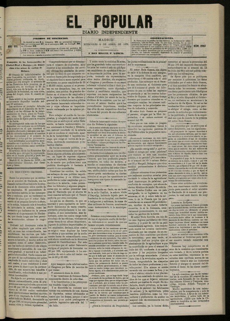 Miniatura de El Popular: diario independiente, político, literario y de noticias de interés general del 5 de abril de 1876. nº 2053