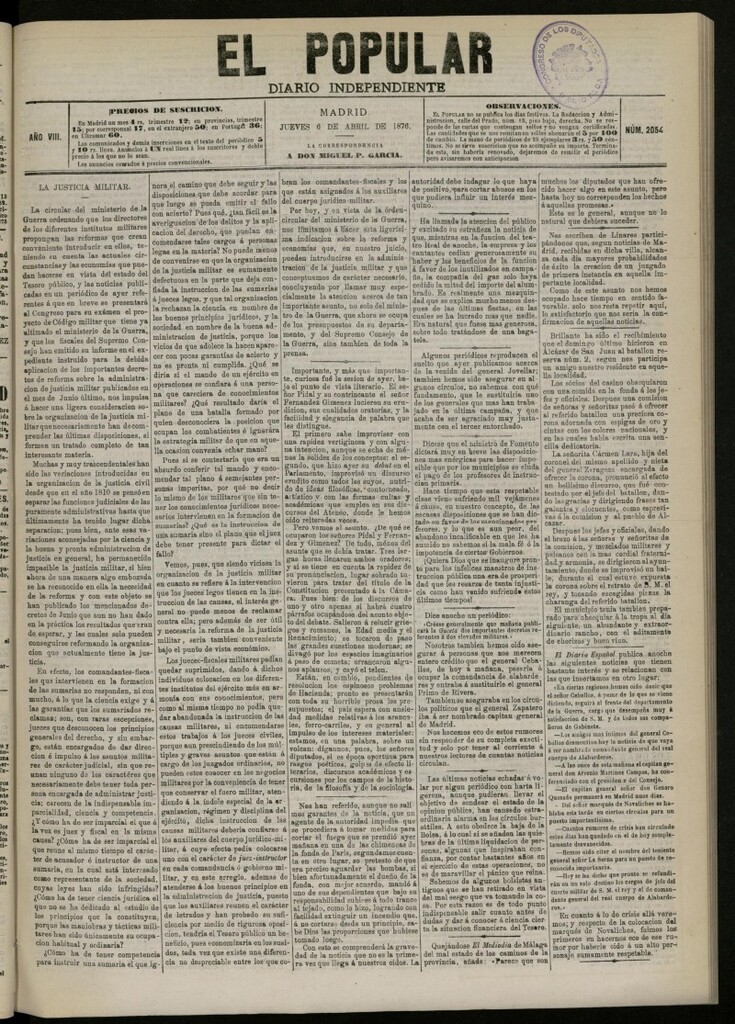 Miniatura de El Popular: diario independiente, político, literario y de noticias de interés general del 6 de abril de 1876. nº 2054