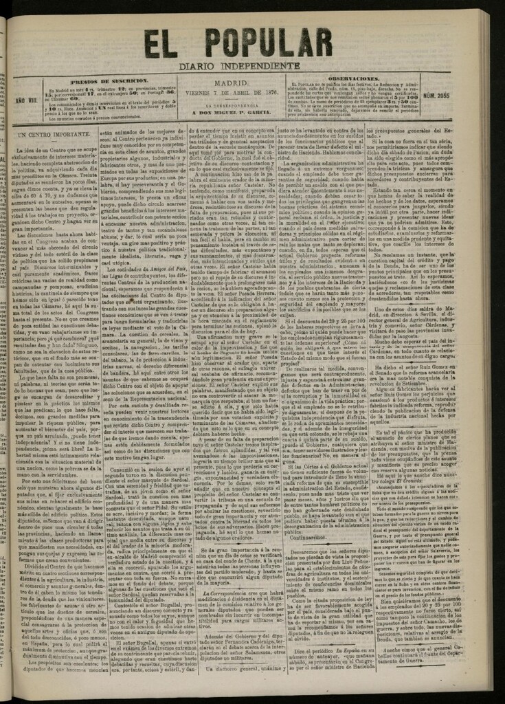 Miniatura de El Popular: diario independiente, político, literario y de noticias de interés general del 7 de abril de 1876. nº 2055
