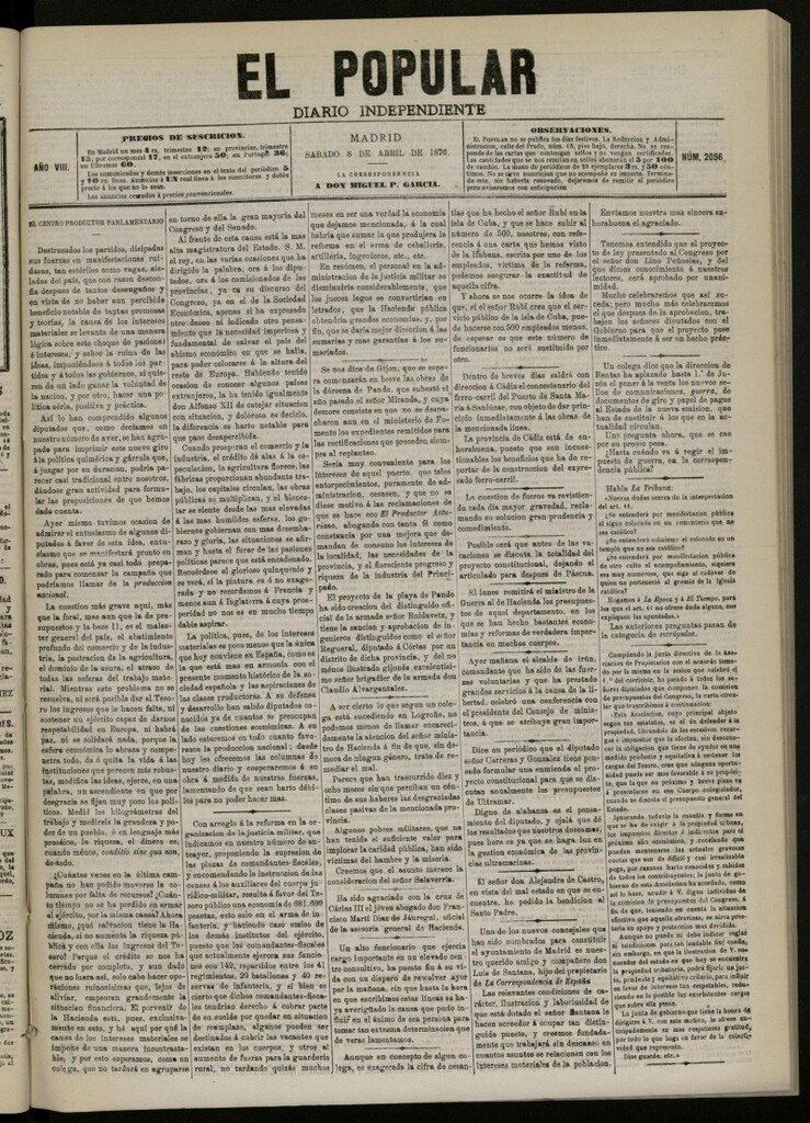 Miniatura de El Popular: diario independiente, político, literario y de noticias de interés general del 8 de abril de 1876. nº 2056