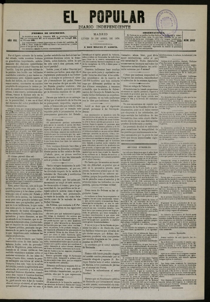 Miniatura de El Popular: diario independiente, político, literario y de noticias de interés general del 10 de abril de 1876. nº 2057