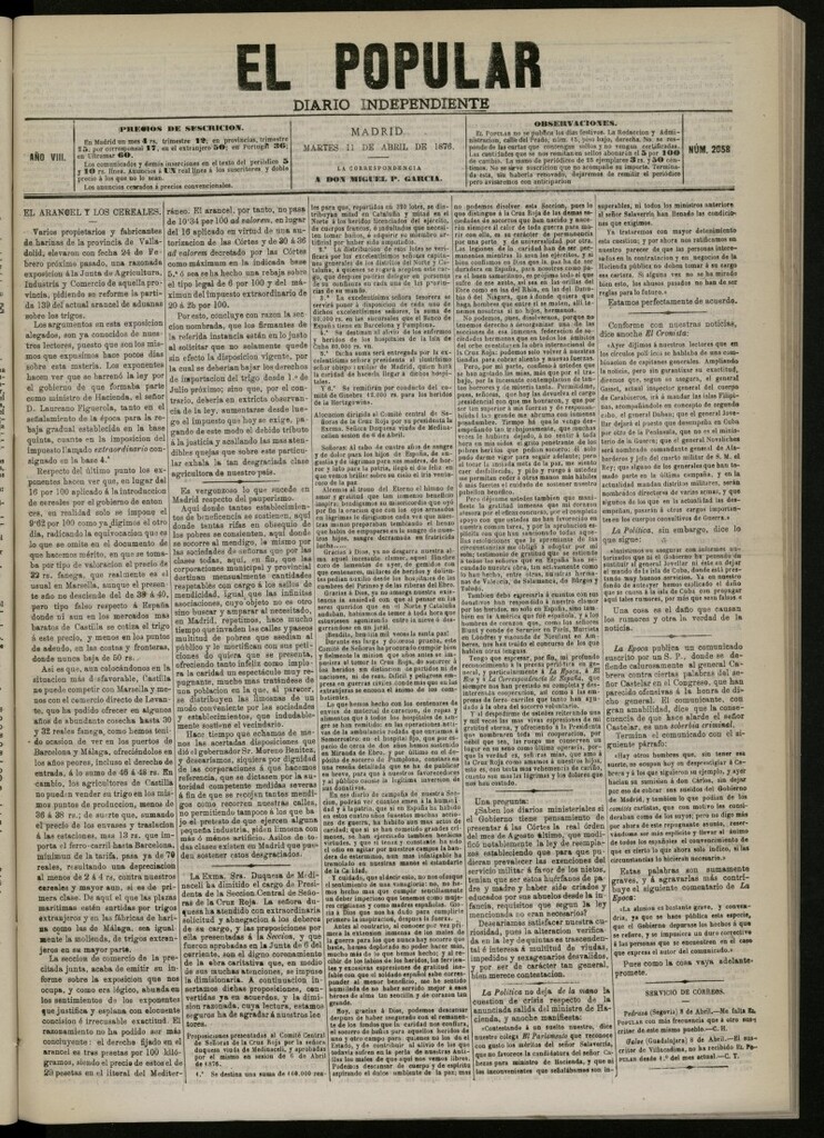Miniatura de El Popular: diario independiente, político, literario y de noticias de interés general del 11 de abril de 1876. nº 2058