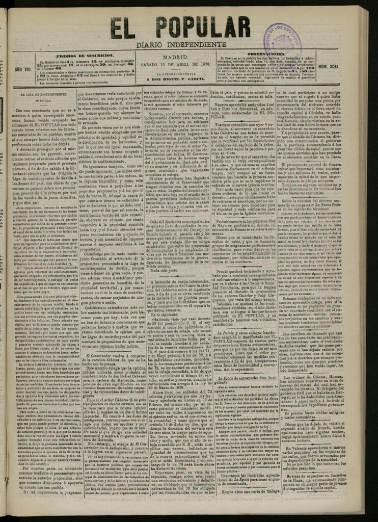 Miniatura de El Popular: diario independiente, político, literario y de noticias de interés general del 15 de abril de 1876. nº 2061