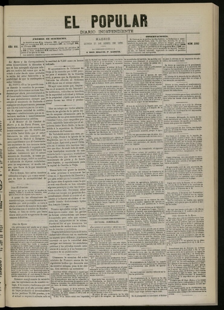 Miniatura de El Popular: diario independiente, político, literario y de noticias de interés general del 17 de abril de 1876. nº 2062