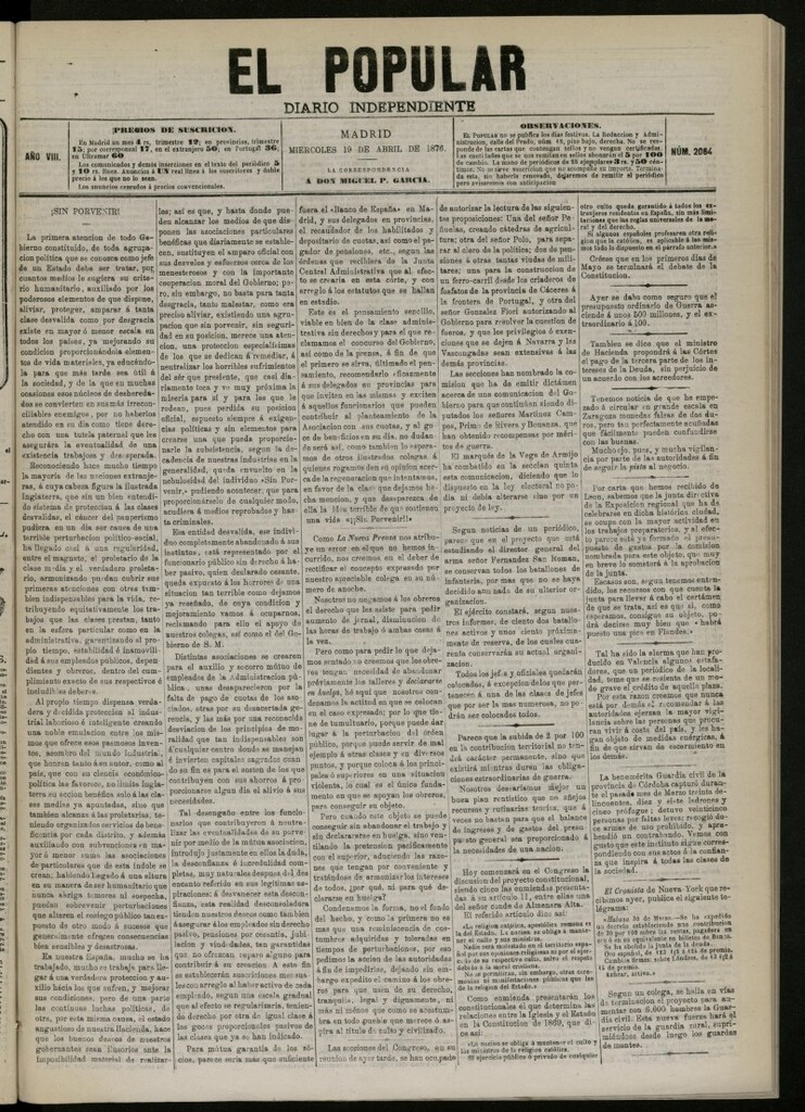 Miniatura de El Popular: diario independiente, político, literario y de noticias de interés general del 19 de abril de 1876. nº 2064