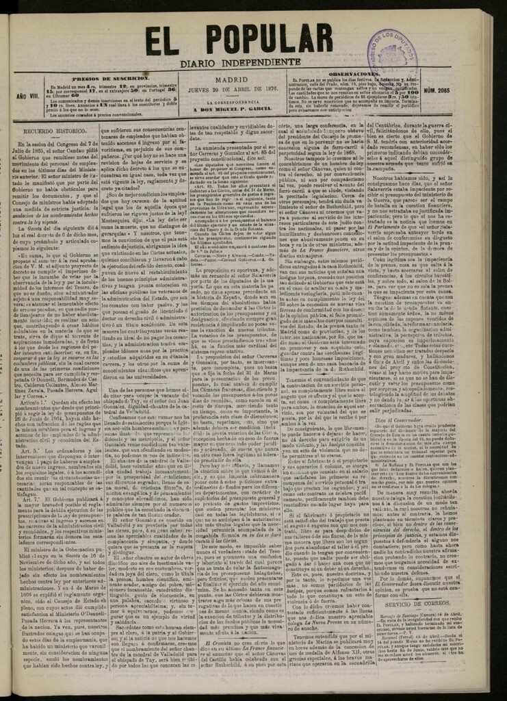 Miniatura de El Popular: diario independiente, político, literario y de noticias de interés general del 20 de abril de 1876. nº 2065