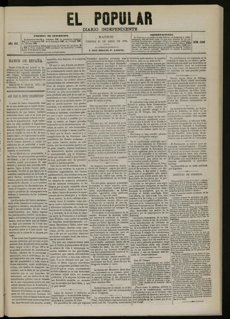 Miniatura de El Popular: diario independiente, político, literario y de noticias de interés general del 21 de abril de 1876. nº 2066