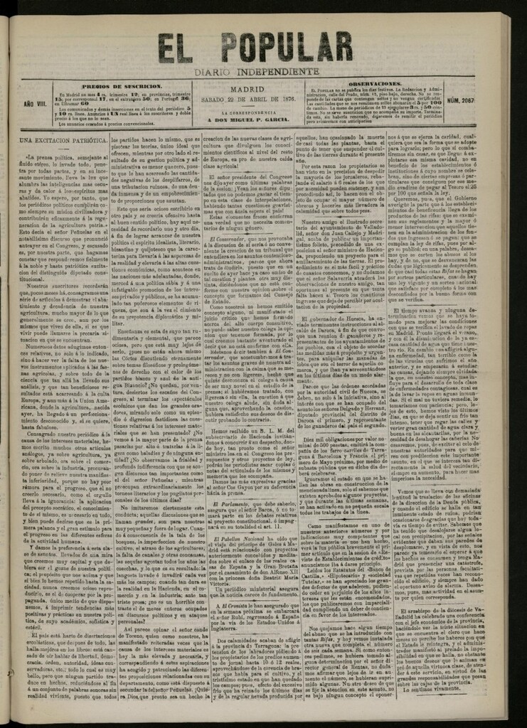 Miniatura de El Popular: diario independiente, político, literario y de noticias de interés general del 22 de abril de 1876. nº 2067