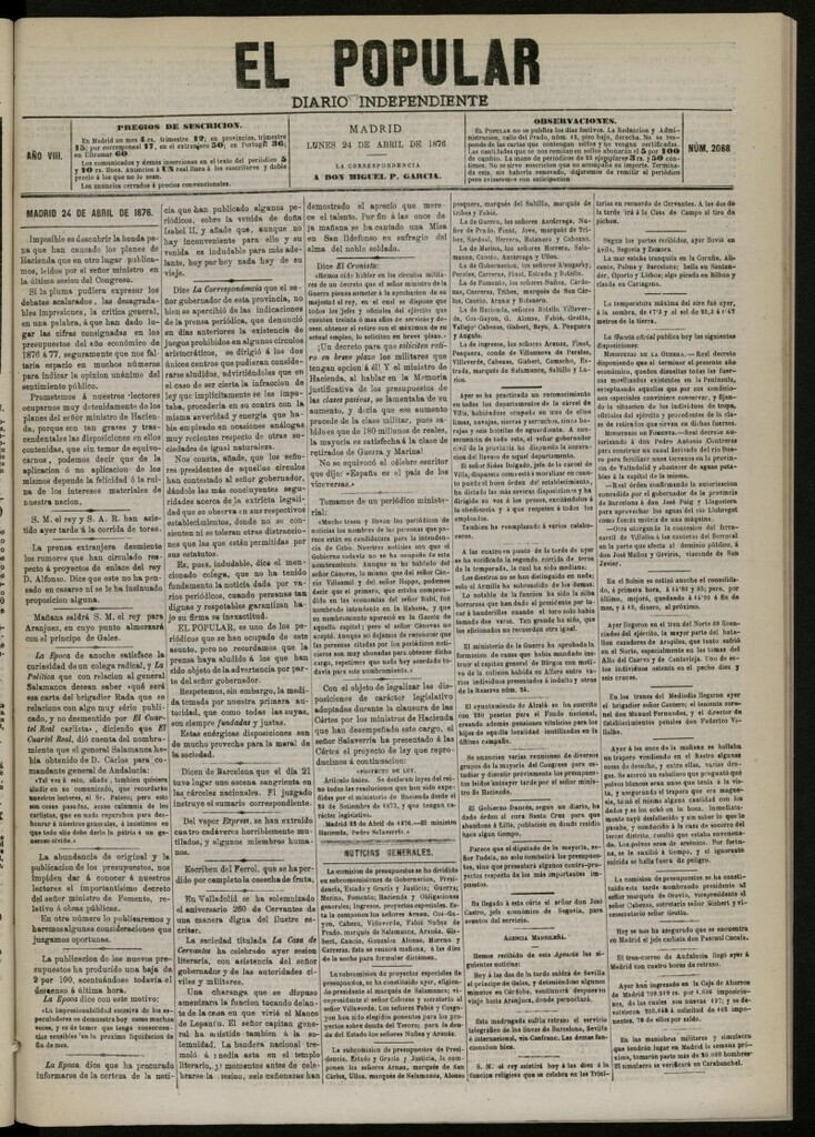 Miniatura de El Popular: diario independiente, político, literario y de noticias de interés general del 24 de abril de 1876. nº 2068