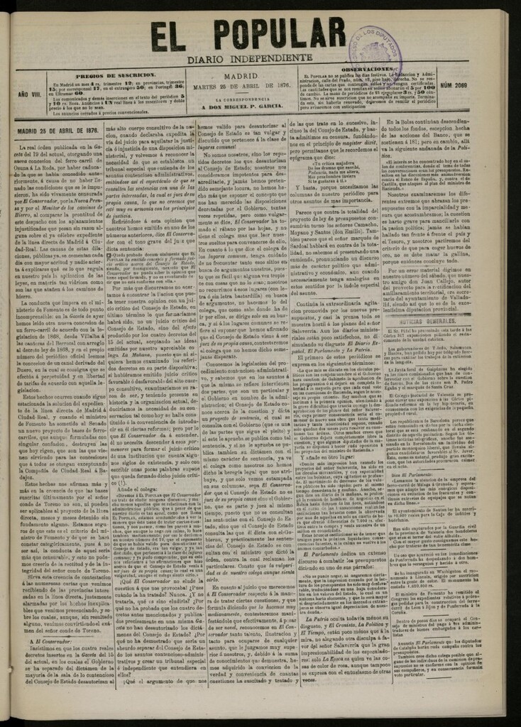 Miniatura de El Popular: diario independiente, político, literario y de noticias de interés general del 25 de abril de 1876. nº 2069