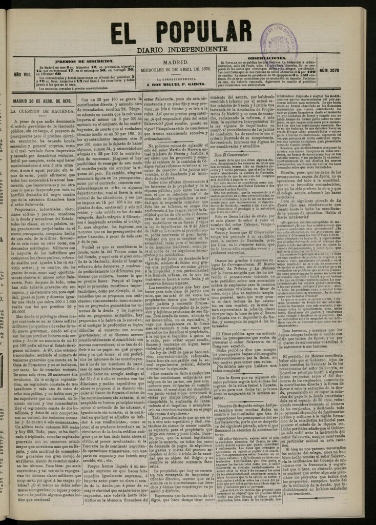 Miniatura de El Popular: diario independiente, político, literario y de noticias de interés general del 26 de abril de 1876. nº 2070