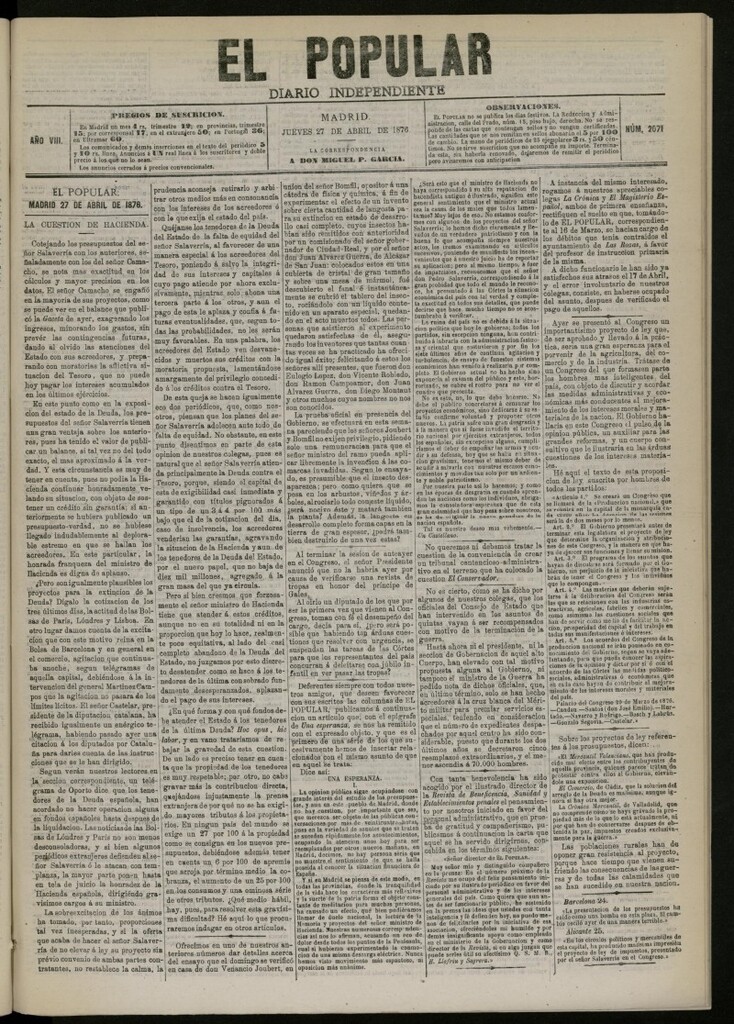 Miniatura de El Popular: diario independiente, político, literario y de noticias de interés general del 27 de abril de 1876. nº 2071