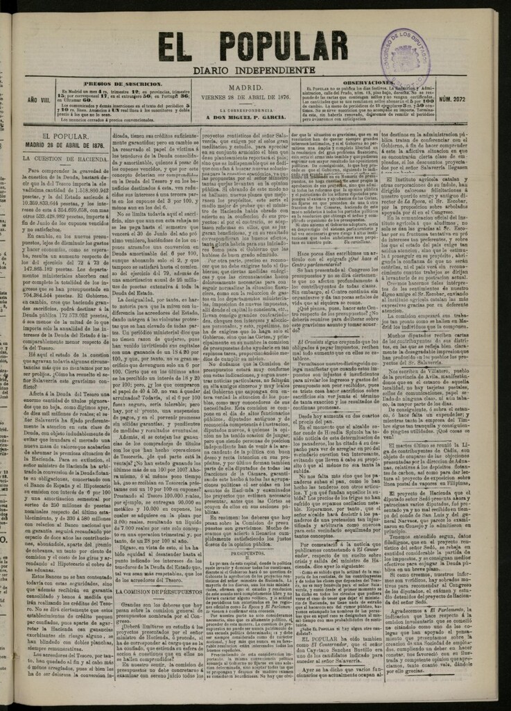 Miniatura de El Popular: diario independiente, político, literario y de noticias de interés general del 28 de abril de 1876. nº 2072